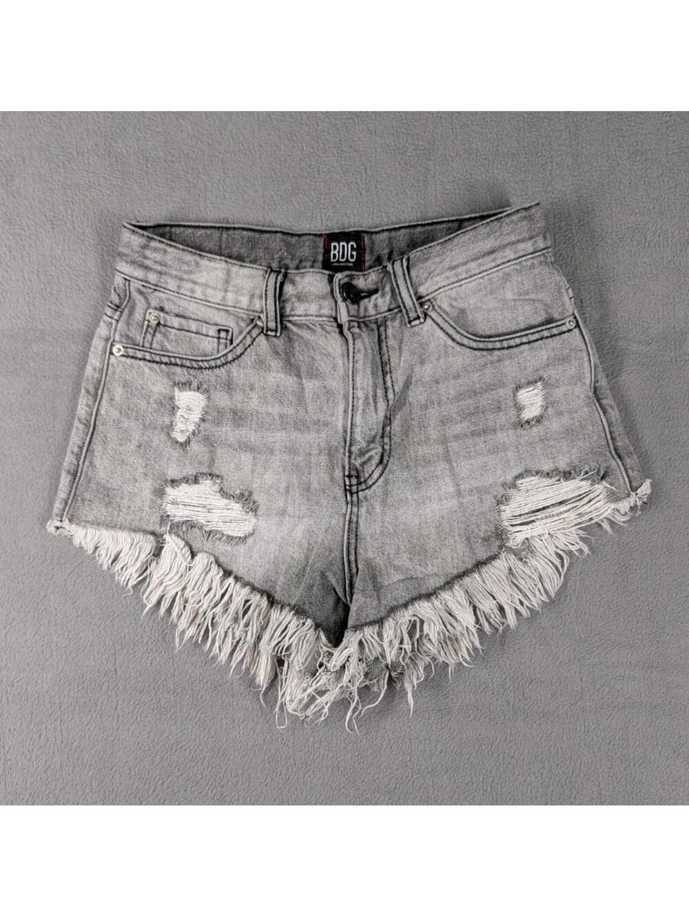 BDG Womens 26 Gray Distressed Denim Shorts High Rise Cheeky Festival Boho